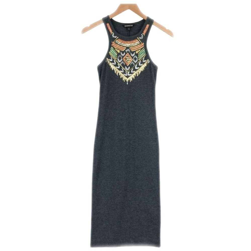 Express Charcoal Gray Bodycon Midi Dress, Southwestern Beading, M